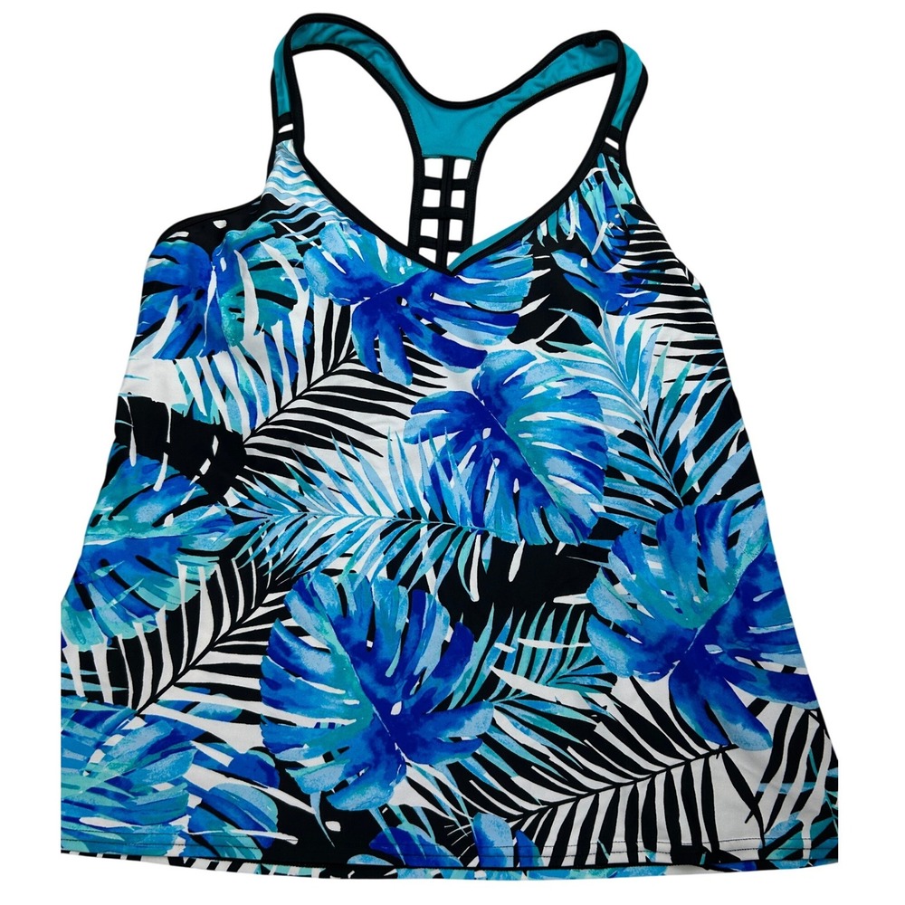 ZeroXposur Women's Tankini Swim Top XXL Blue Palm Tropical Print Racerback